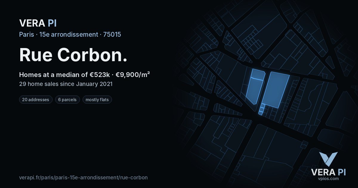Rue Corbon, 15e arrondissement at night – every parcel coloured by the prices around it, the street's own parcels lit