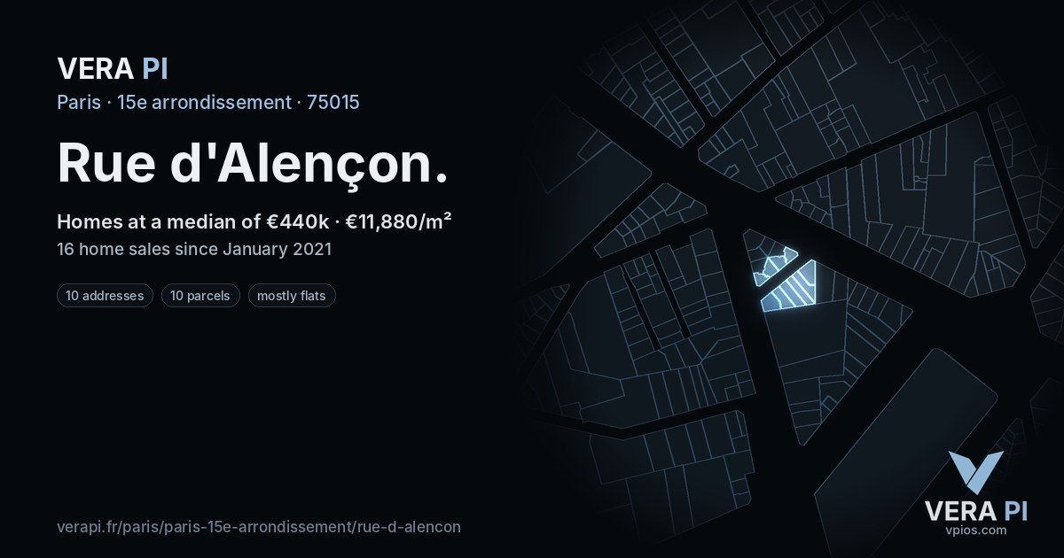Rue d'Alençon, 15e arrondissement at night – every parcel coloured by the prices around it, the street's own parcels lit