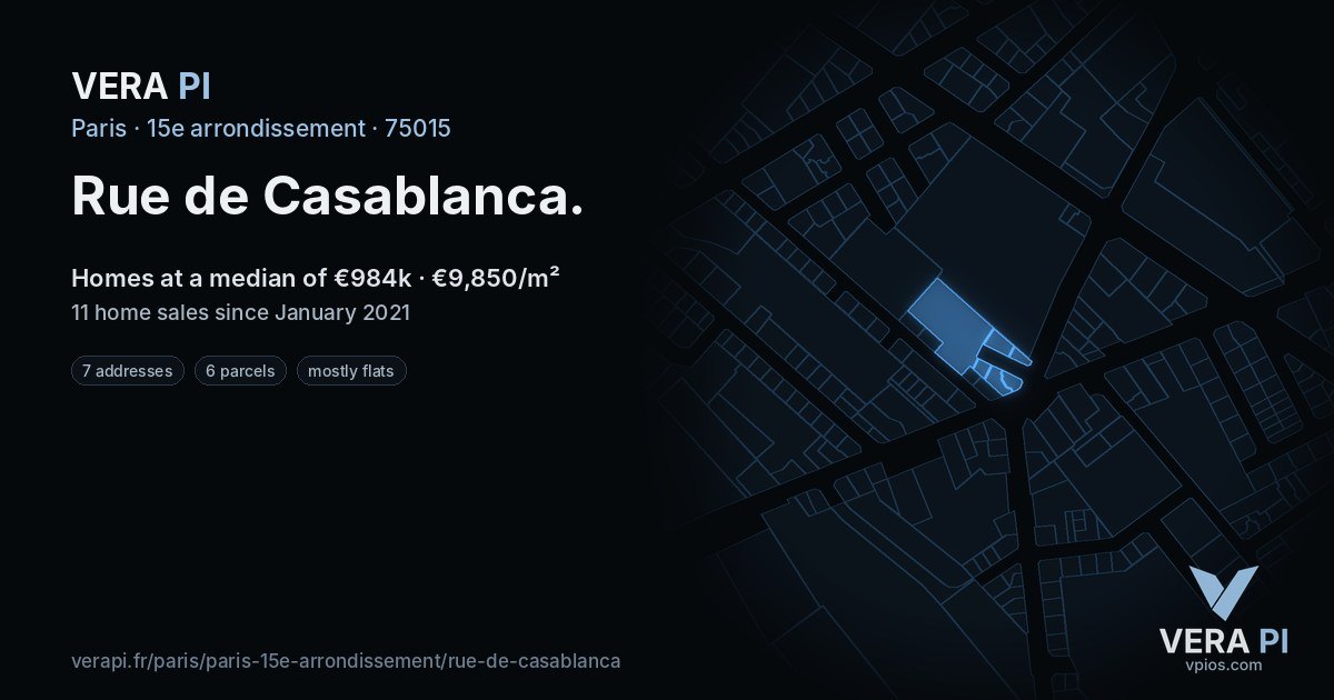 Rue de Casablanca, 15e arrondissement at night – every parcel coloured by the prices around it, the street's own parcels lit