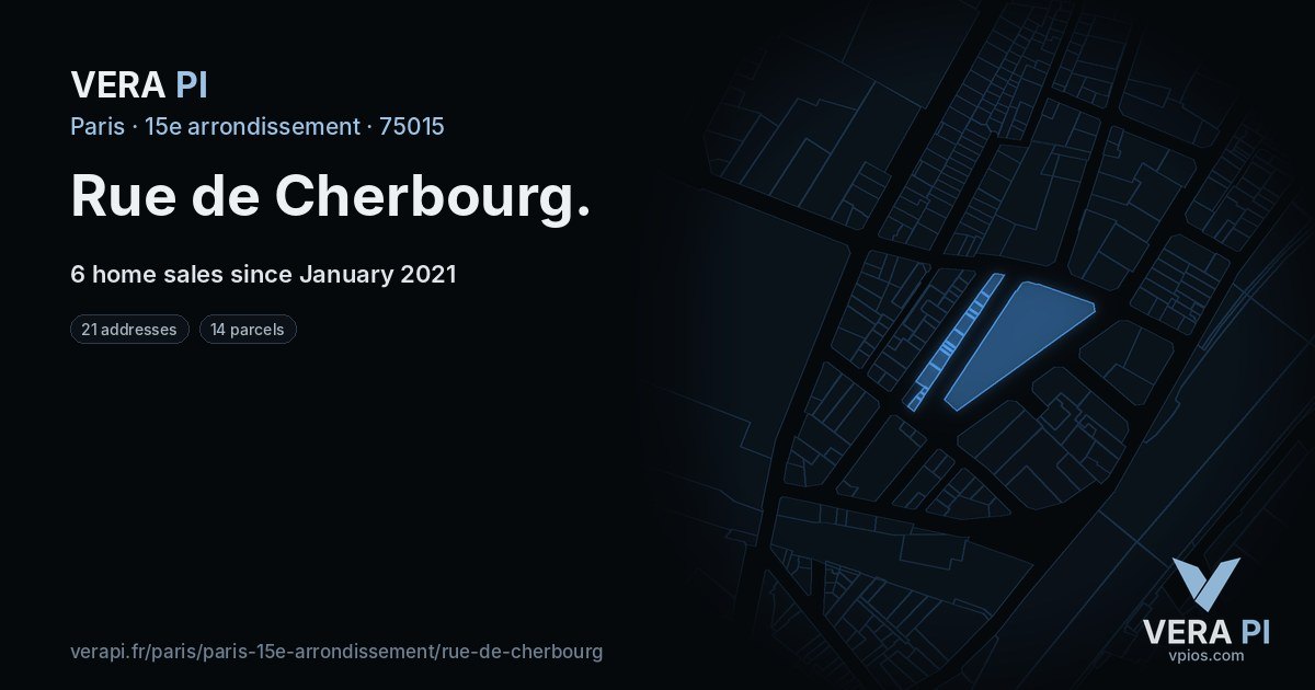 Rue de Cherbourg, 15e arrondissement at night – every parcel coloured by the prices around it, the street's own parcels lit