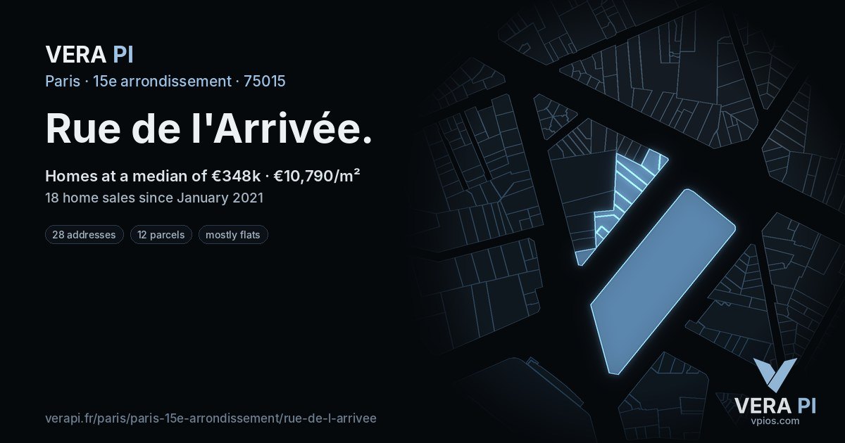 Rue de l'Arrivée, 15e arrondissement at night – every parcel coloured by the prices around it, the street's own parcels lit