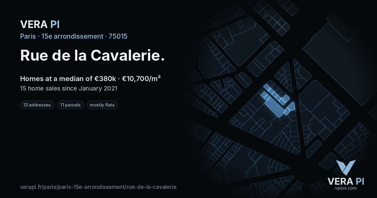 Rue de la Cavalerie, 15e arrondissement at night – every parcel coloured by the prices around it, the street's own parcels lit
