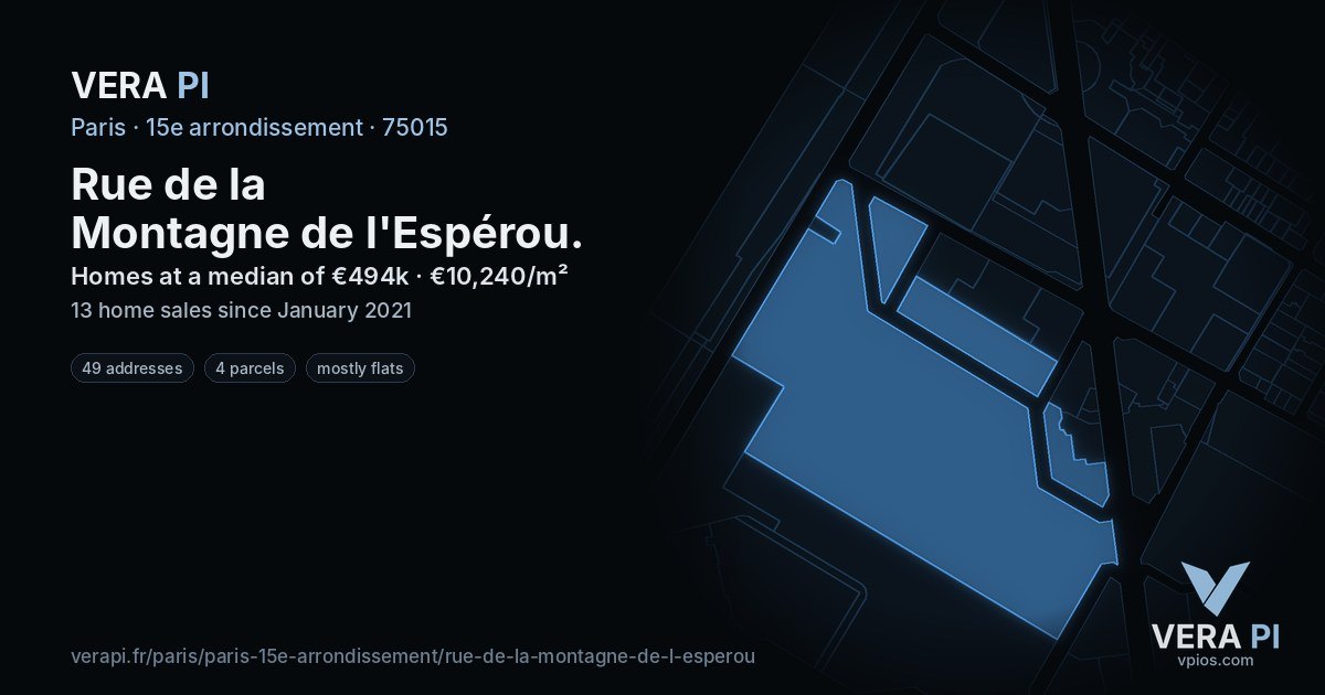 Rue de la Montagne de l'Espérou, 15e arrondissement at night – every parcel coloured by the prices around it, the street's own parcels lit