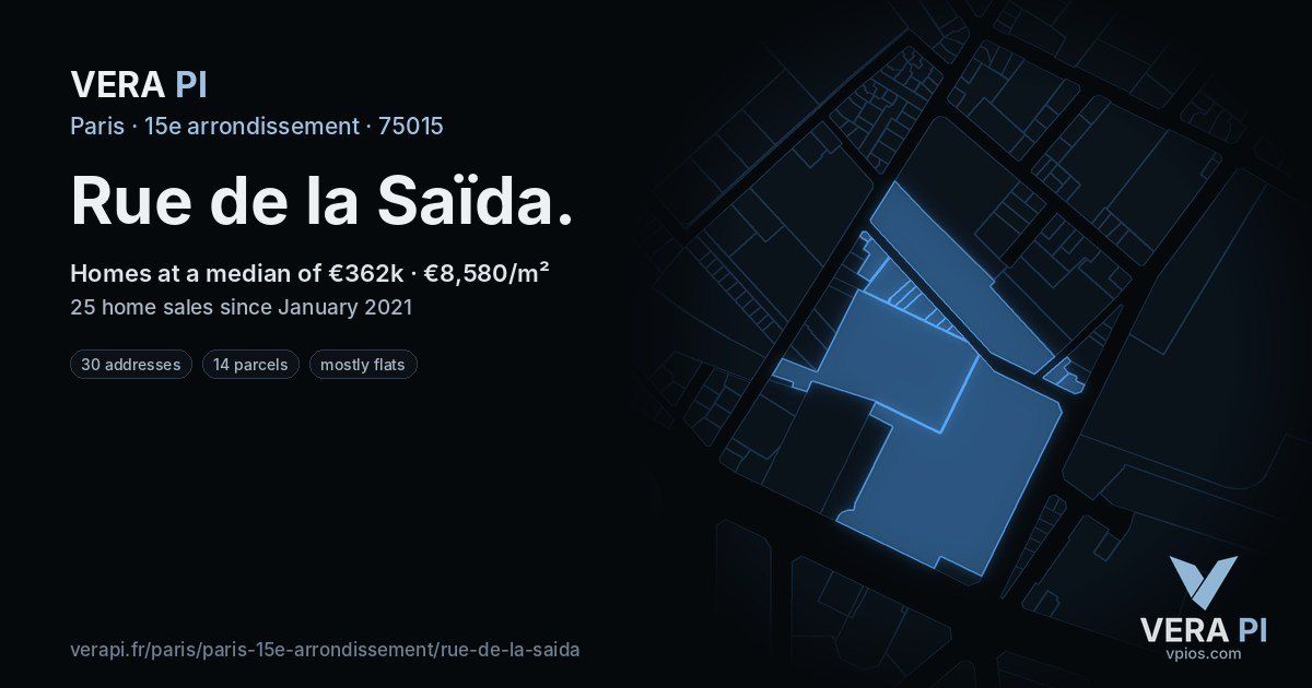 Rue de la Saïda, 15e arrondissement at night – every parcel coloured by the prices around it, the street's own parcels lit