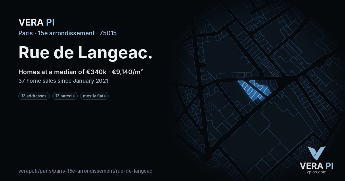 Rue de Langeac, 15e arrondissement at night – every parcel coloured by the prices around it, the street's own parcels lit
