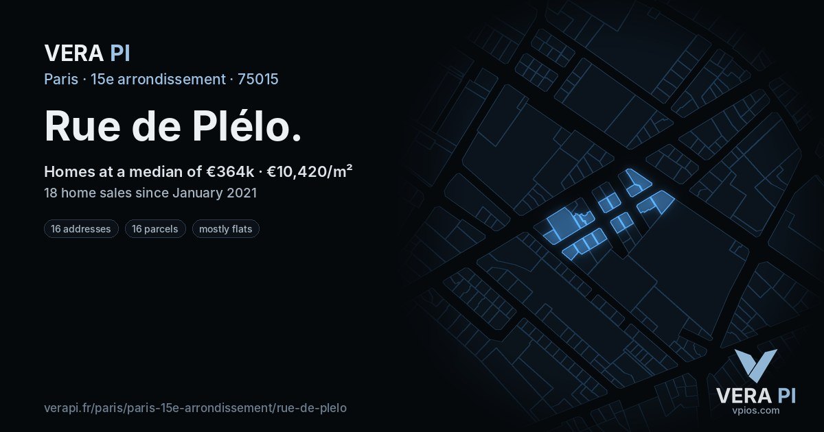 Rue de Plélo, 15e arrondissement at night – every parcel coloured by the prices around it, the street's own parcels lit