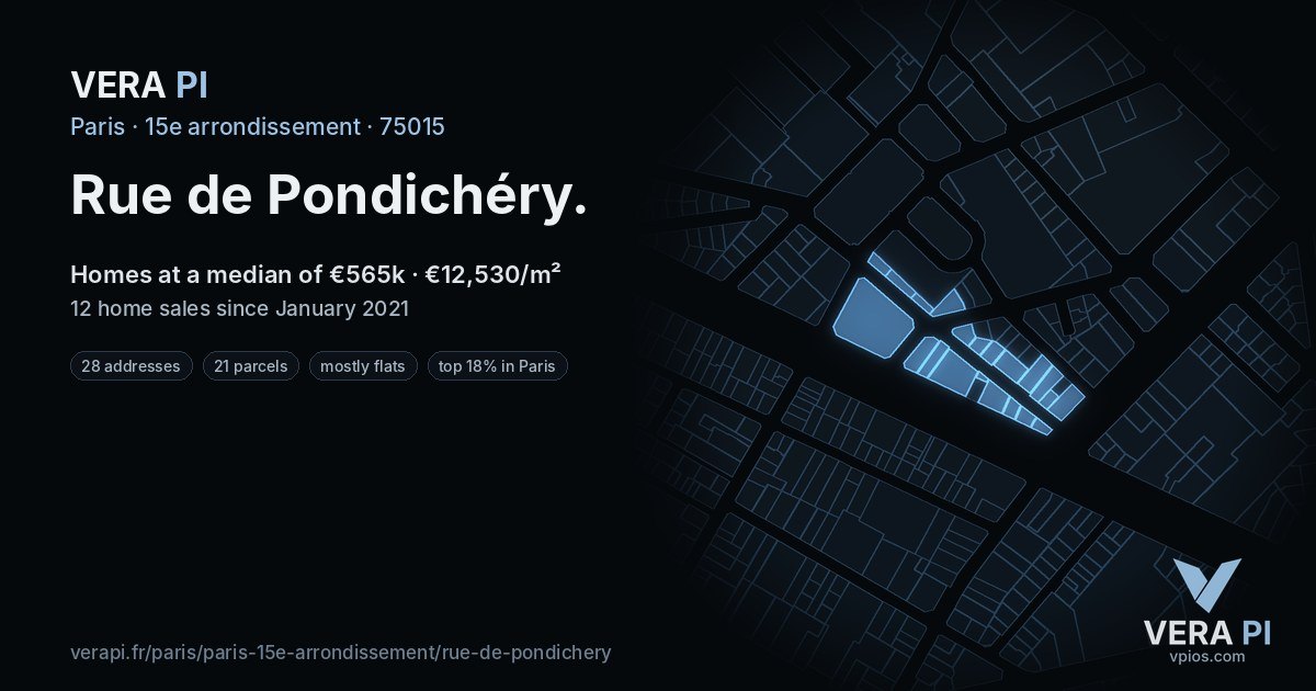 Rue de Pondichéry, 15e arrondissement at night – every parcel coloured by the prices around it, the street's own parcels lit