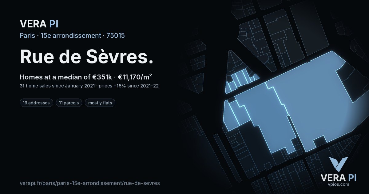 Rue de Sèvres, 15e arrondissement at night – every parcel coloured by the prices around it, the street's own parcels lit