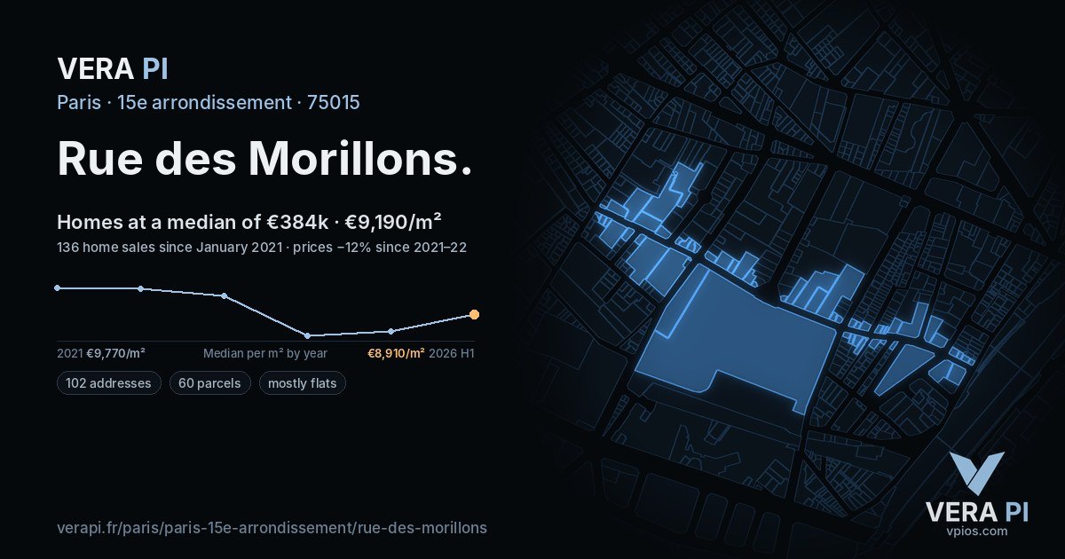 Rue des Morillons, 15e arrondissement at night – every parcel coloured by the prices around it, the street's own parcels lit