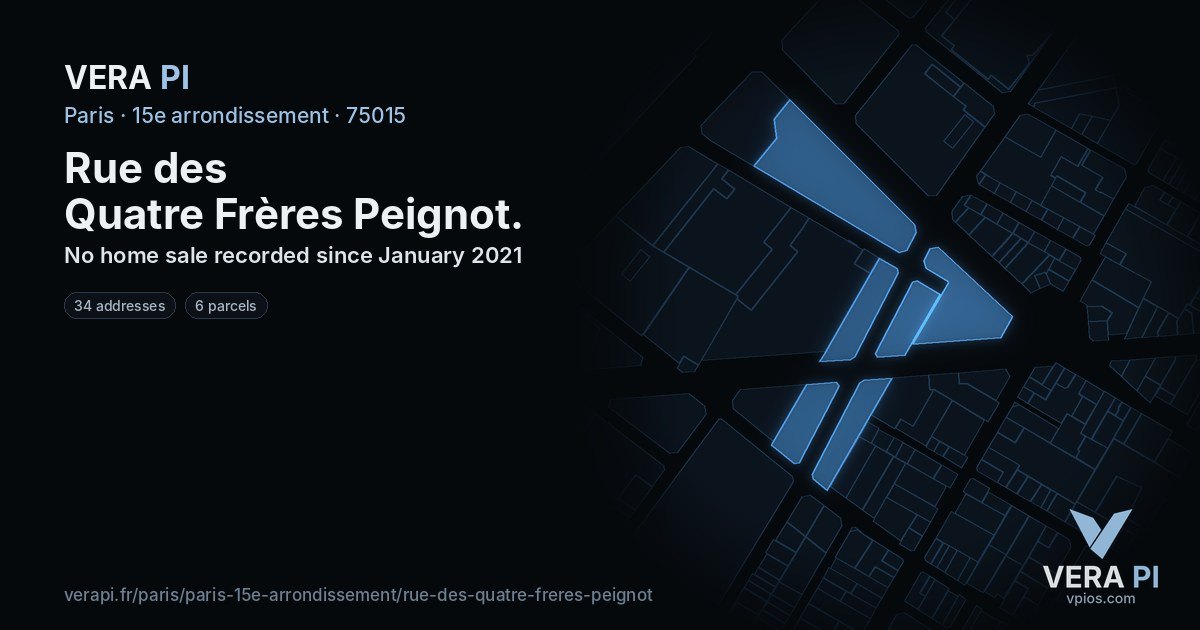 Rue des Quatre Frères Peignot, 15e arrondissement at night – every parcel coloured by the prices around it, the street's own parcels lit