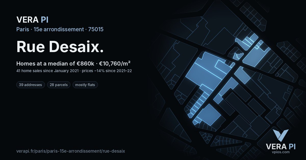 Rue Desaix, 15e arrondissement at night – every parcel coloured by the prices around it, the street's own parcels lit