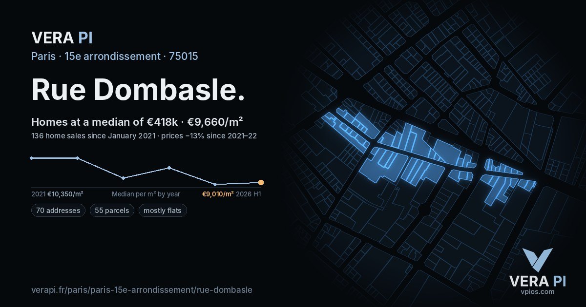 Rue Dombasle, 15e arrondissement at night – every parcel coloured by the prices around it, the street's own parcels lit