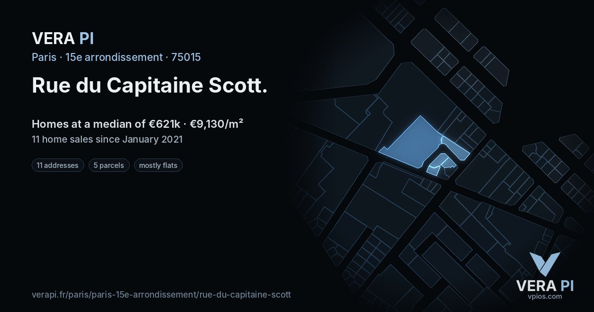 Rue du Capitaine Scott, 15e arrondissement at night – every parcel coloured by the prices around it, the street's own parcels lit