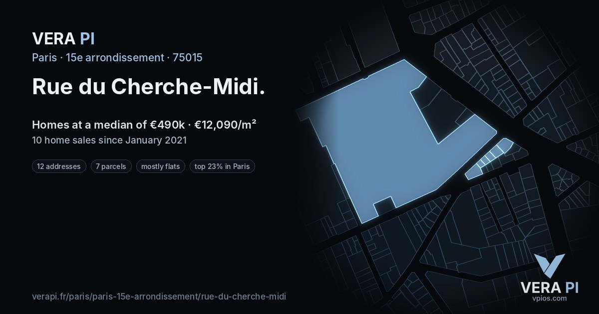 Rue du Cherche-Midi, 15e arrondissement at night – every parcel coloured by the prices around it, the street's own parcels lit