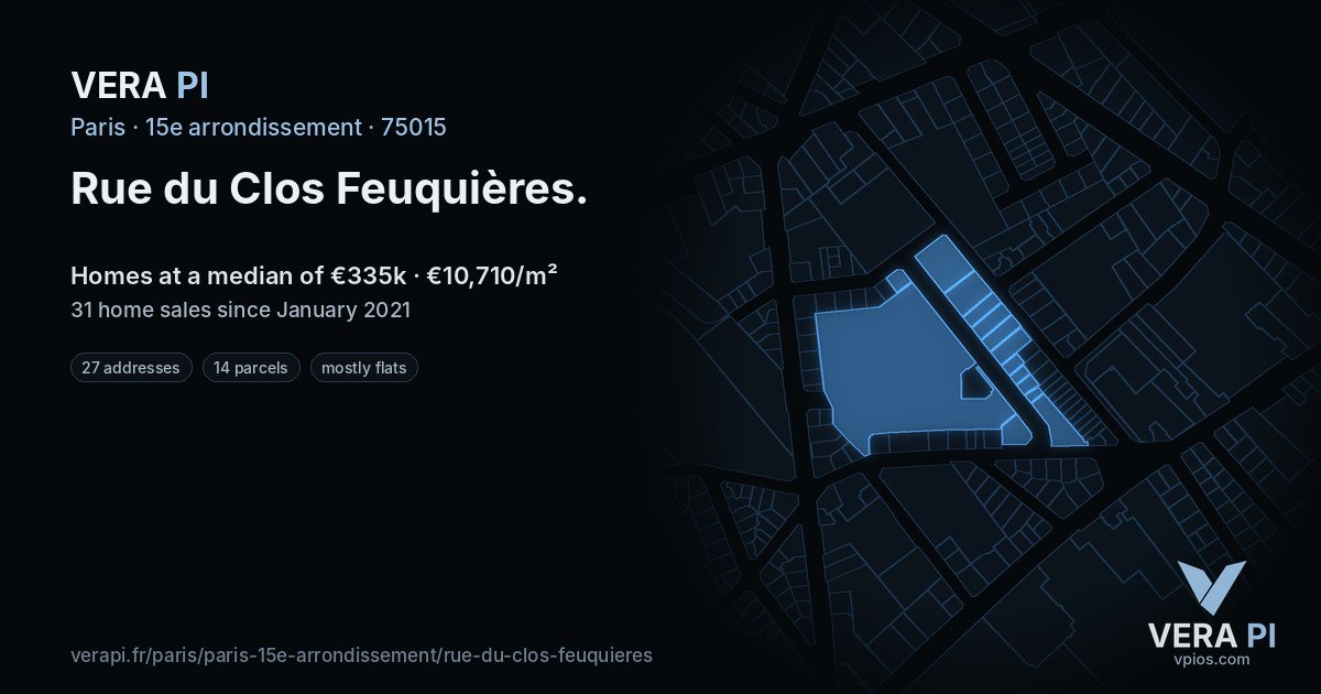 Rue du Clos Feuquières, 15e arrondissement at night – every parcel coloured by the prices around it, the street's own parcels lit