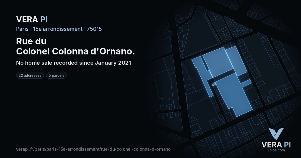 Rue du Colonel Colonna d'Ornano, 15e arrondissement at night – every parcel coloured by the prices around it, the street's own parcels lit