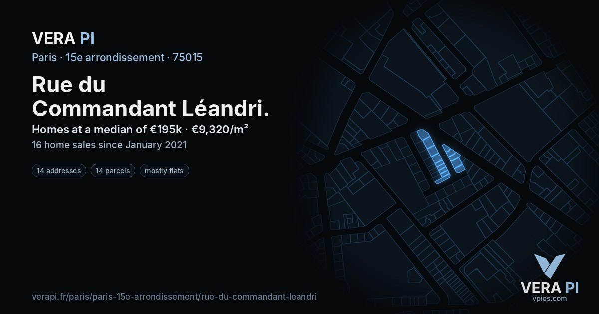Rue du Commandant Léandri, 15e arrondissement at night – every parcel coloured by the prices around it, the street's own parcels lit
