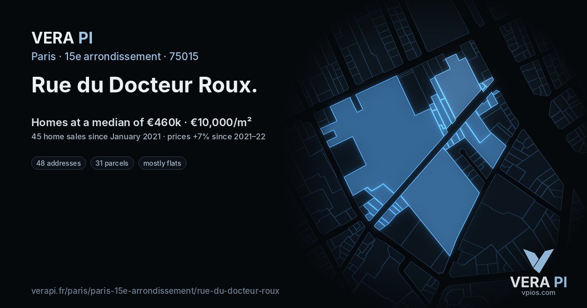Rue du Docteur Roux, 15e arrondissement at night – every parcel coloured by the prices around it, the street's own parcels lit