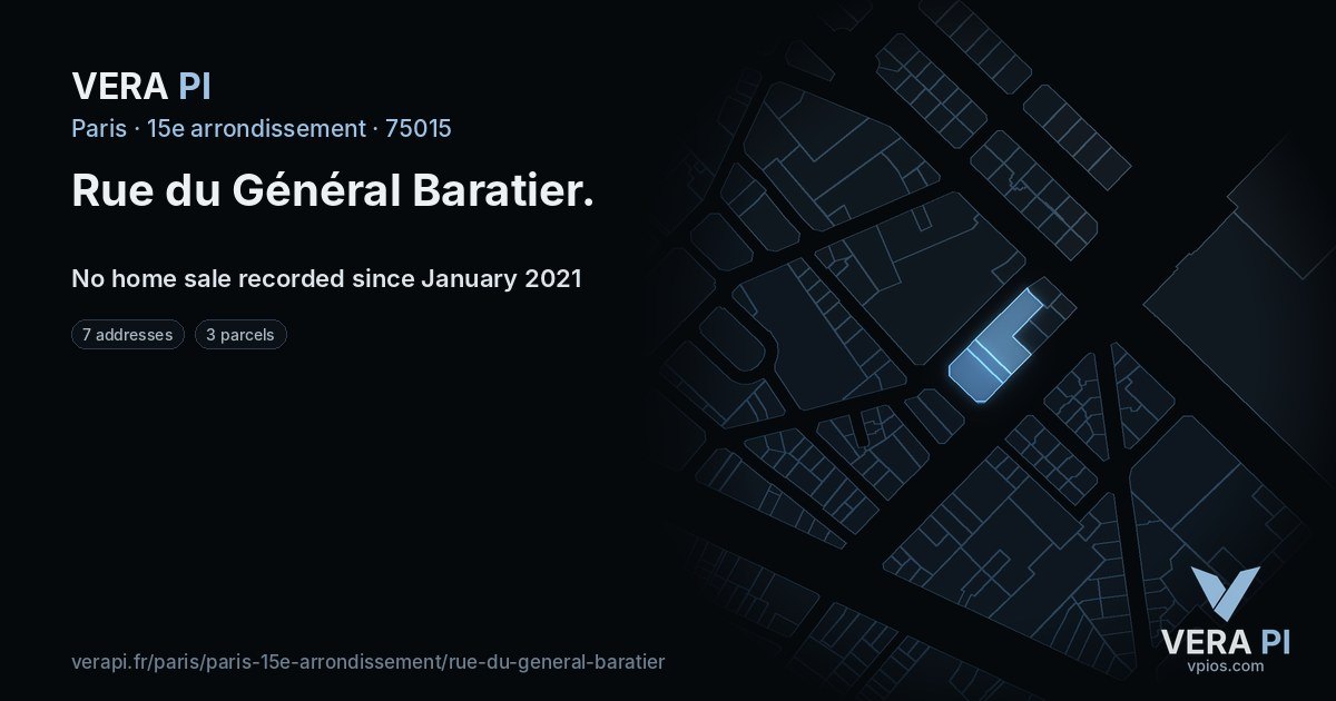 Rue du Général Baratier, 15e arrondissement at night – every parcel coloured by the prices around it, the street's own parcels lit