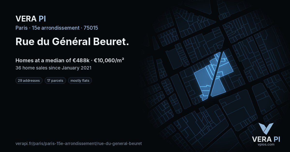 Rue du Général Beuret, 15e arrondissement at night – every parcel coloured by the prices around it, the street's own parcels lit