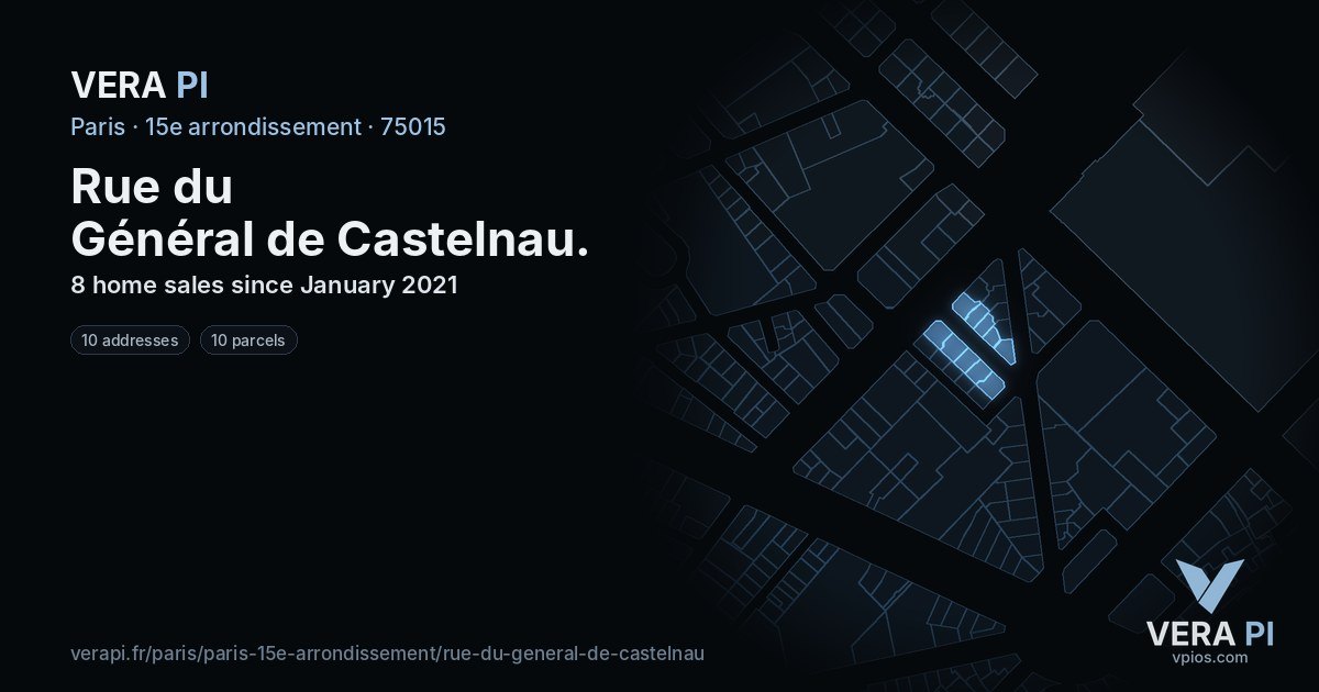 Rue du Général de Castelnau, 15e arrondissement at night – every parcel coloured by the prices around it, the street's own parcels lit