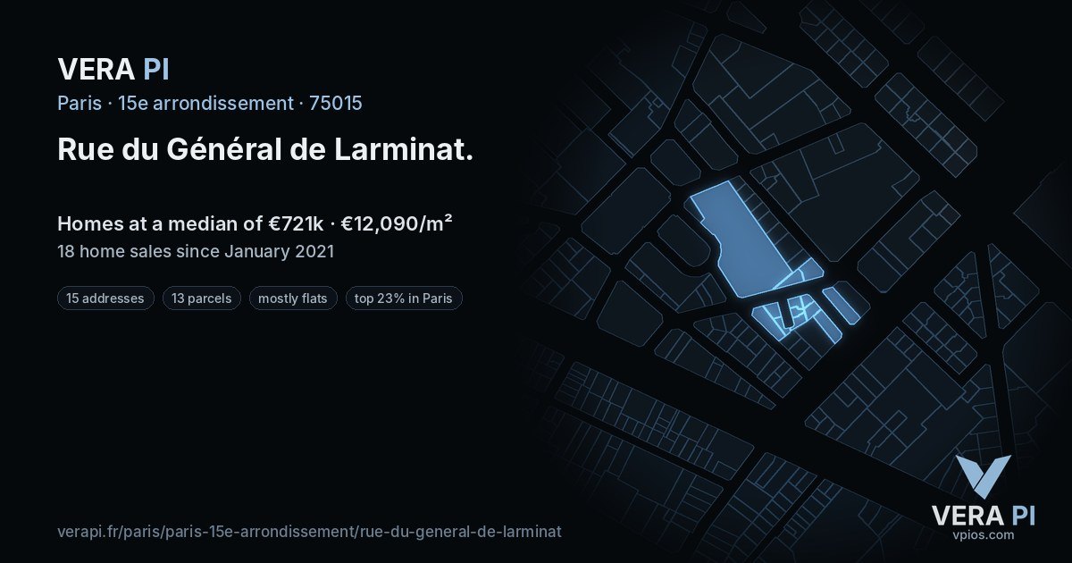 Rue du Général de Larminat, 15e arrondissement at night – every parcel coloured by the prices around it, the street's own parcels lit