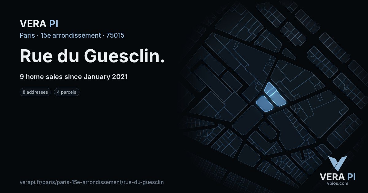 Rue du Guesclin, 15e arrondissement at night – every parcel coloured by the prices around it, the street's own parcels lit