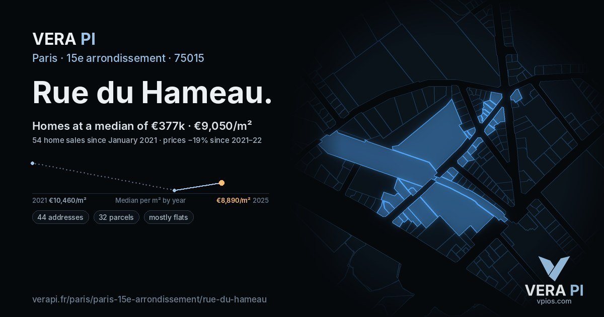Rue du Hameau, 15e arrondissement at night – every parcel coloured by the prices around it, the street's own parcels lit