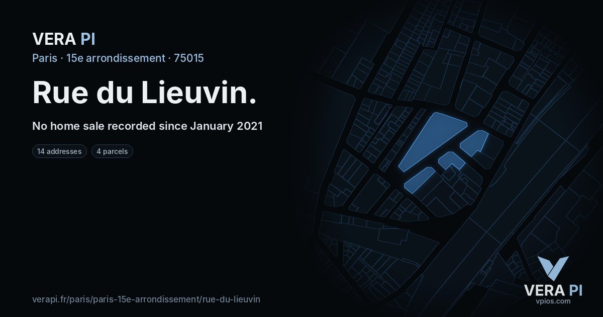 Rue du Lieuvin, 15e arrondissement at night – every parcel coloured by the prices around it, the street's own parcels lit