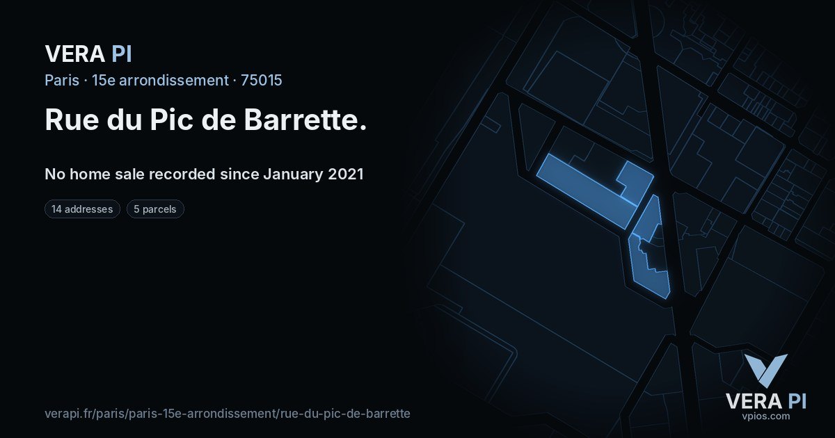 Rue du Pic de Barrette, 15e arrondissement at night – every parcel coloured by the prices around it, the street's own parcels lit