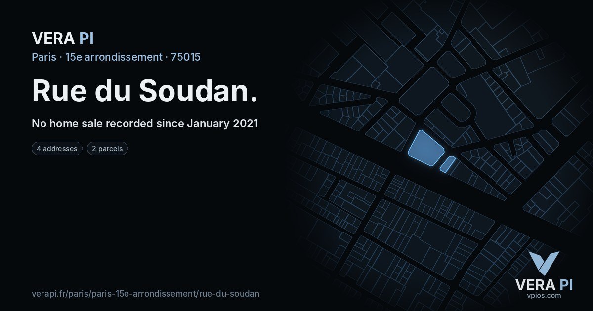 Rue du Soudan, 15e arrondissement at night – every parcel coloured by the prices around it, the street's own parcels lit