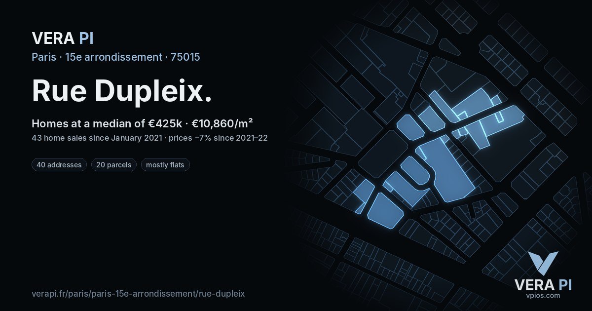 Rue Dupleix, 15e arrondissement at night – every parcel coloured by the prices around it, the street's own parcels lit