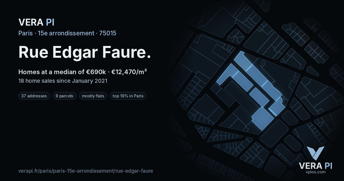 Rue Edgar Faure, 15e arrondissement at night – every parcel coloured by the prices around it, the street's own parcels lit