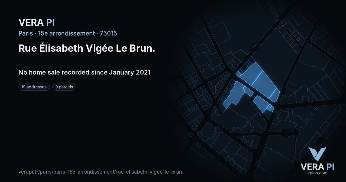 Rue Élisabeth Vigée Le Brun, 15e arrondissement at night – every parcel coloured by the prices around it, the street's own parcels lit