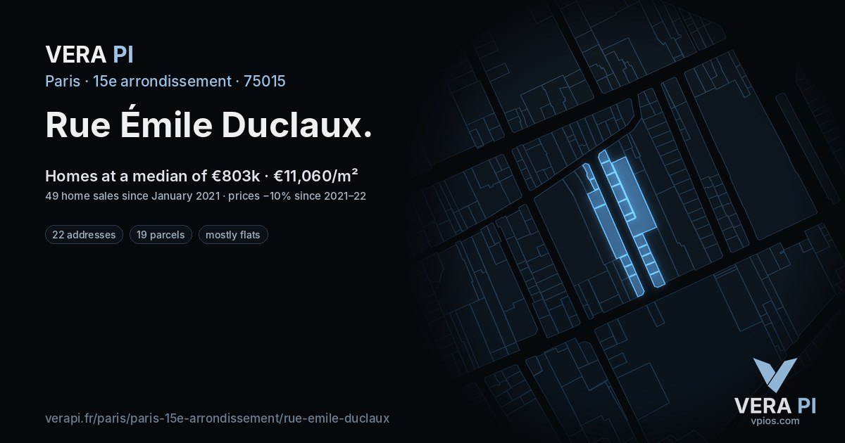 Rue Émile Duclaux, 15e arrondissement at night – every parcel coloured by the prices around it, the street's own parcels lit