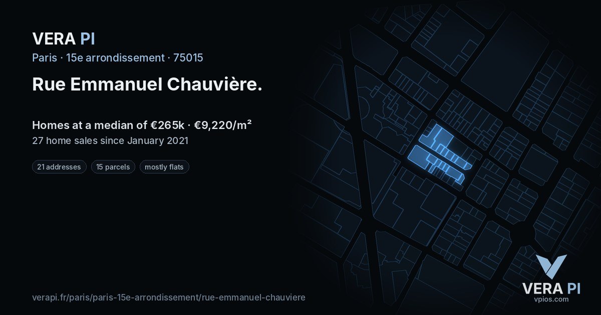 Rue Emmanuel Chauvière, 15e arrondissement at night – every parcel coloured by the prices around it, the street's own parcels lit
