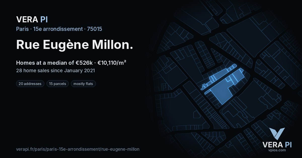 Rue Eugène Millon, 15e arrondissement at night – every parcel coloured by the prices around it, the street's own parcels lit
