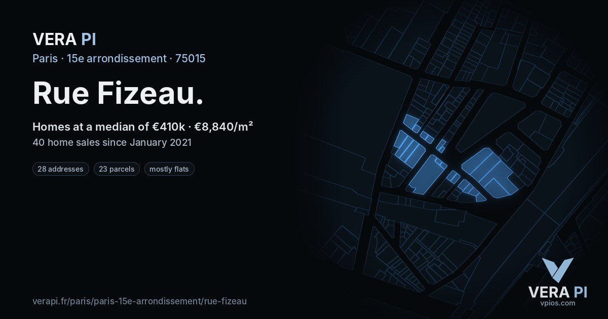 Rue Fizeau, 15e arrondissement at night – every parcel coloured by the prices around it, the street's own parcels lit