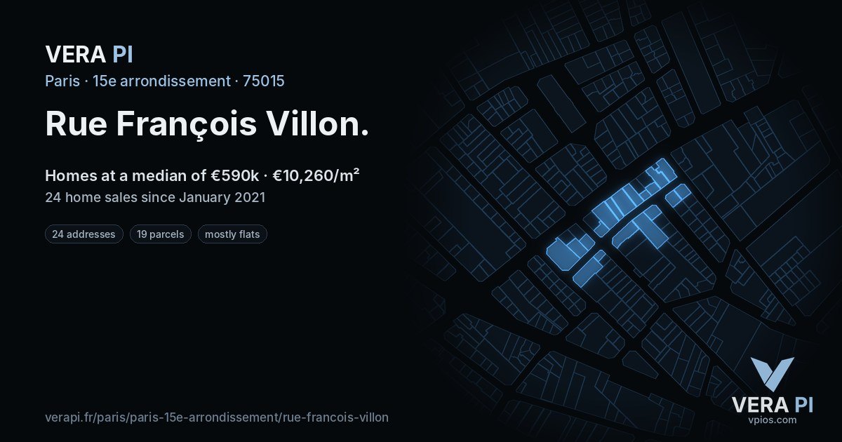 Rue François Villon, 15e arrondissement at night – every parcel coloured by the prices around it, the street's own parcels lit