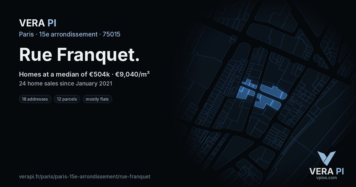 Rue Franquet, 15e arrondissement at night – every parcel coloured by the prices around it, the street's own parcels lit