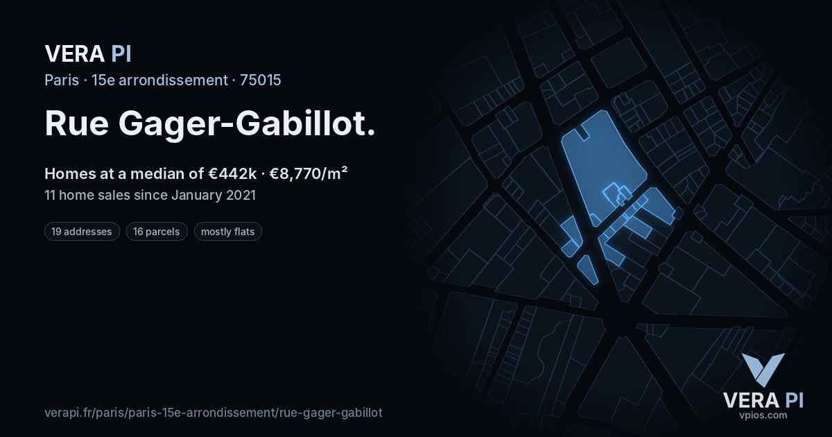 Rue Gager-Gabillot, 15e arrondissement at night – every parcel coloured by the prices around it, the street's own parcels lit