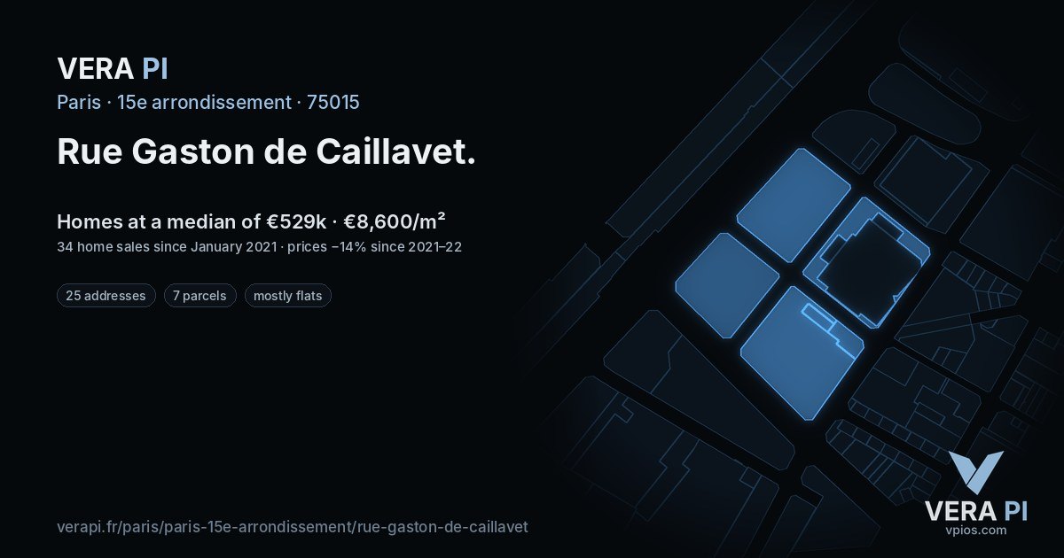 Rue Gaston de Caillavet, 15e arrondissement at night – every parcel coloured by the prices around it, the street's own parcels lit