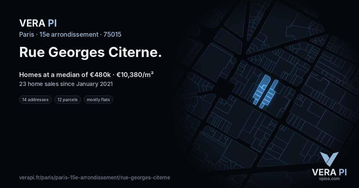 Rue Georges Citerne, 15e arrondissement at night – every parcel coloured by the prices around it, the street's own parcels lit