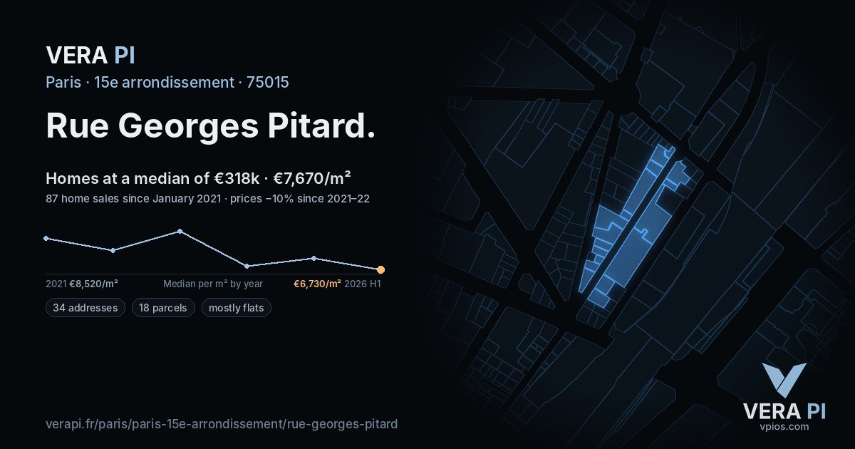 Rue Georges Pitard, 15e arrondissement at night – every parcel coloured by the prices around it, the street's own parcels lit