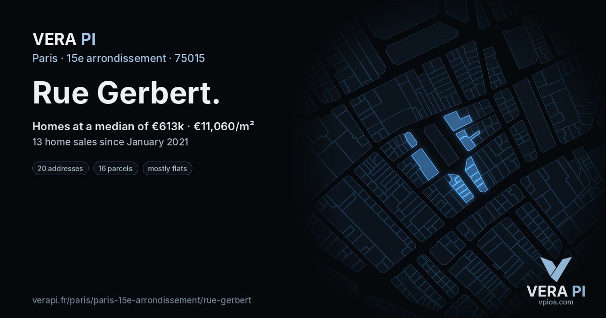 Rue Gerbert, 15e arrondissement at night – every parcel coloured by the prices around it, the street's own parcels lit
