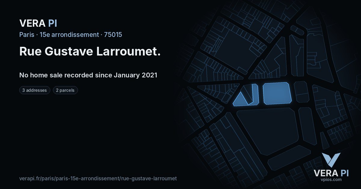 Rue Gustave Larroumet, 15e arrondissement at night – every parcel coloured by the prices around it, the street's own parcels lit