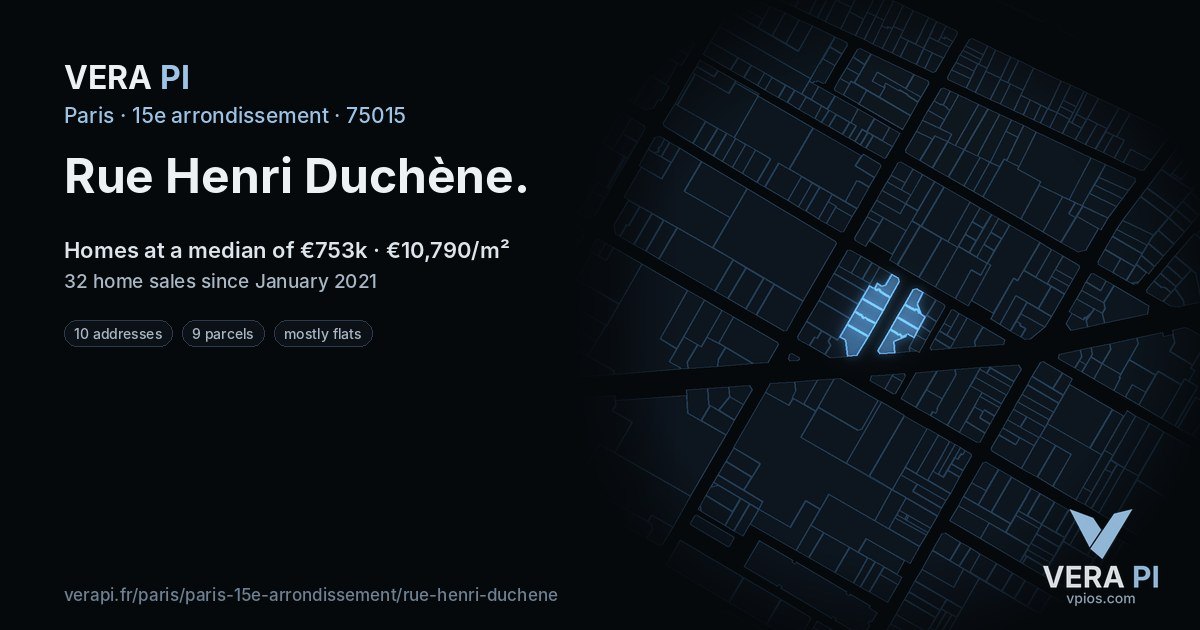 Rue Henri Duchène, 15e arrondissement at night – every parcel coloured by the prices around it, the street's own parcels lit