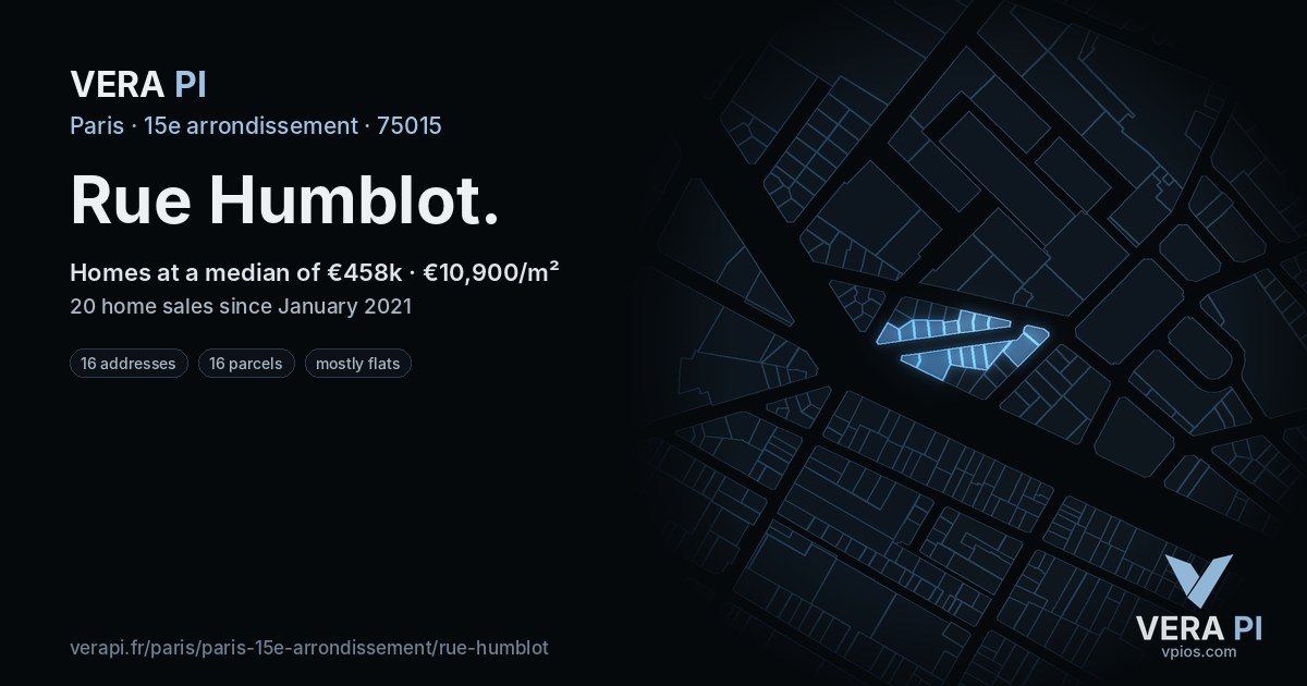 Rue Humblot, 15e arrondissement at night – every parcel coloured by the prices around it, the street's own parcels lit