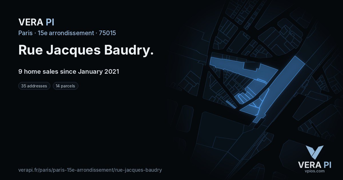Rue Jacques Baudry, 15e arrondissement at night – every parcel coloured by the prices around it, the street's own parcels lit