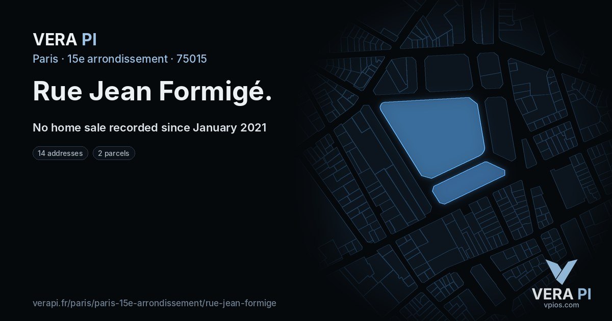Rue Jean Formigé, 15e arrondissement at night – every parcel coloured by the prices around it, the street's own parcels lit